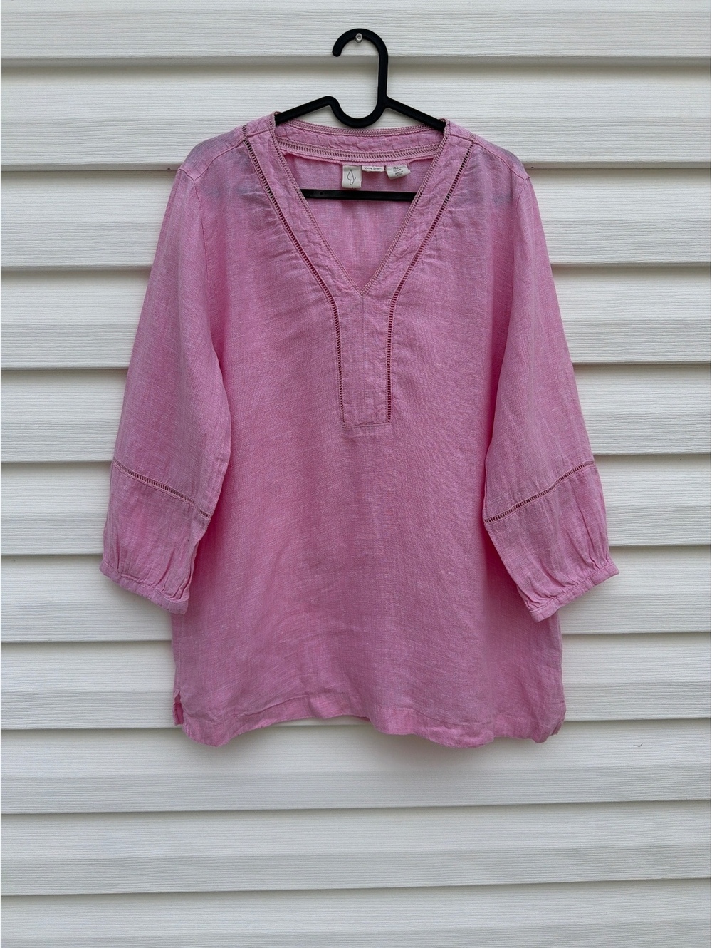 J Women's Size L Pink 100% Linen V-Neck 3/4 Sleeve Relaxed Tunic Blouse